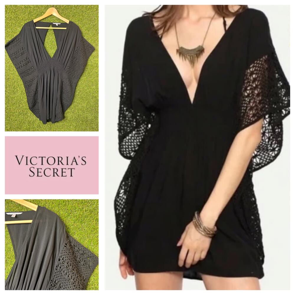 Victoria's Secret Black Plunge V-Neck Batwing Swim Cover-Up Size S‎ Small